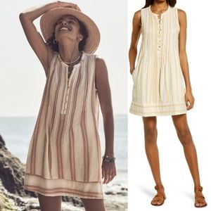 FAHERTY Isha Split Neck 100% Organic Cotton Gauze Striped Dress size M